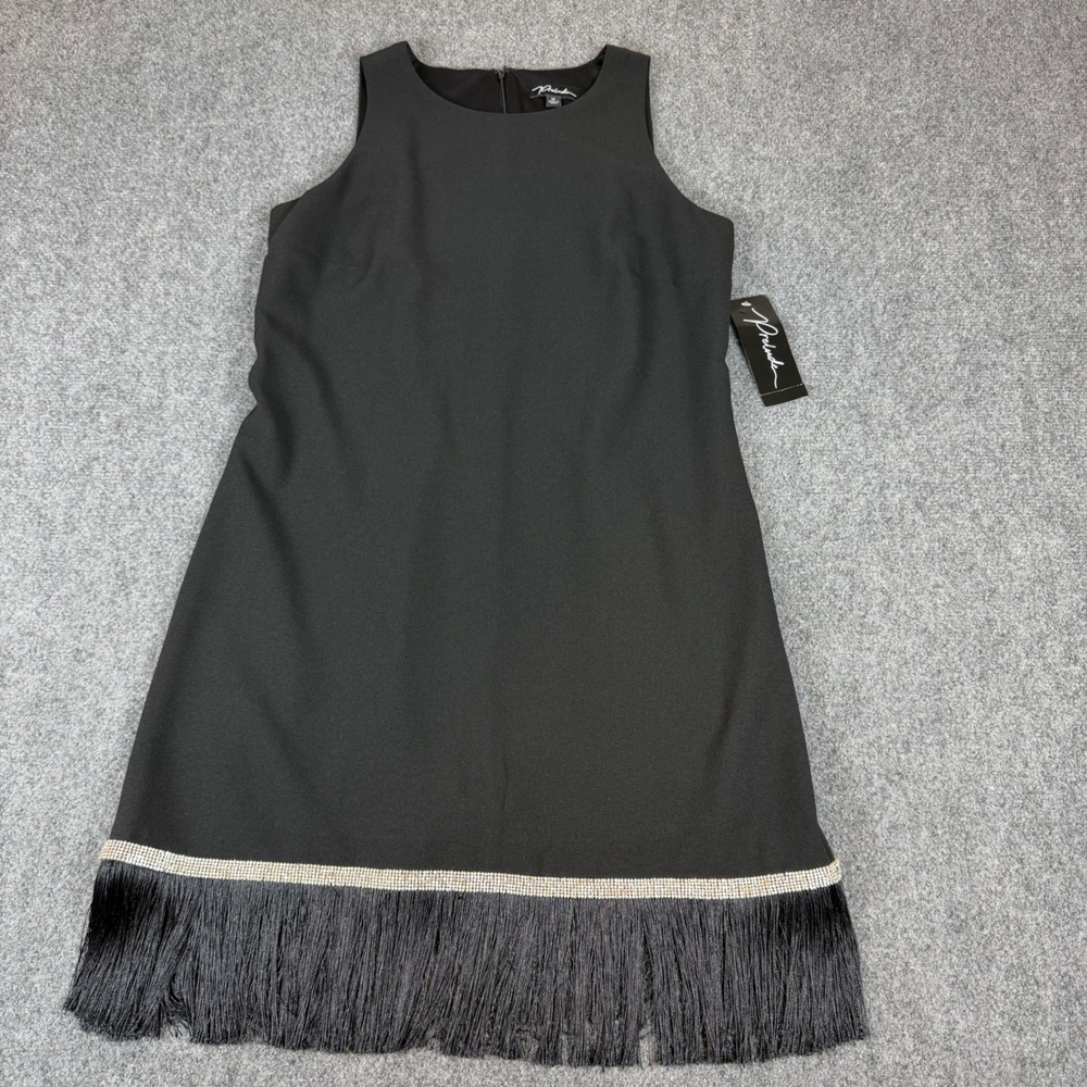 Prelude Black Rhinestone Fringe Hem Sleeveless Shift Mini Dress Women Medium NWT